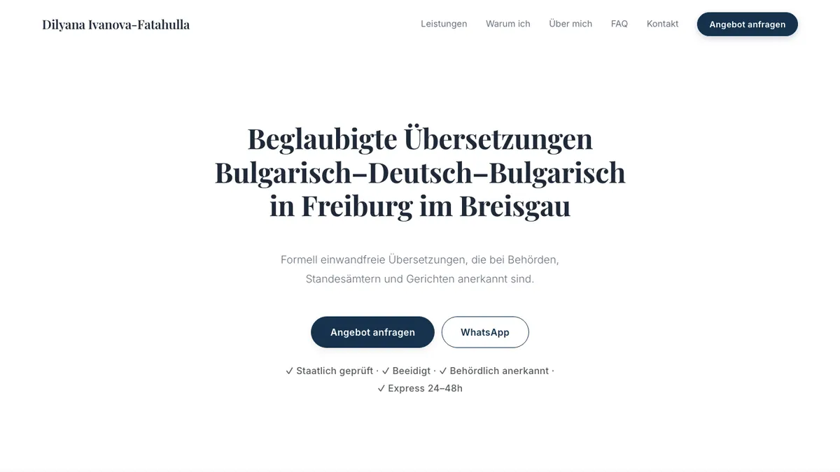 Startseite der Website Bulgarisch-Übersetzung mit der Überschrift zu beglaubigten Übersetzungen Bulgarisch–Deutsch in Freiburg