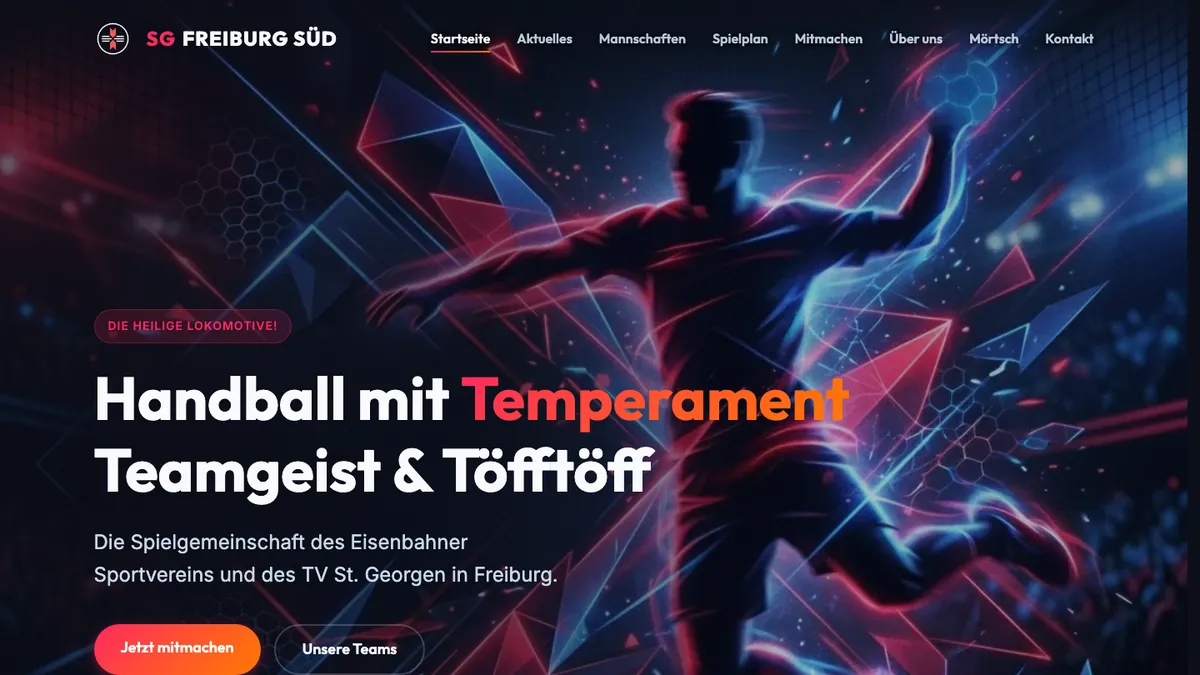 Startseite der Vereinswebsite SG Freiburg Süd mit der Überschrift Handball mit Temperament, Teamgeist und Töfftöff